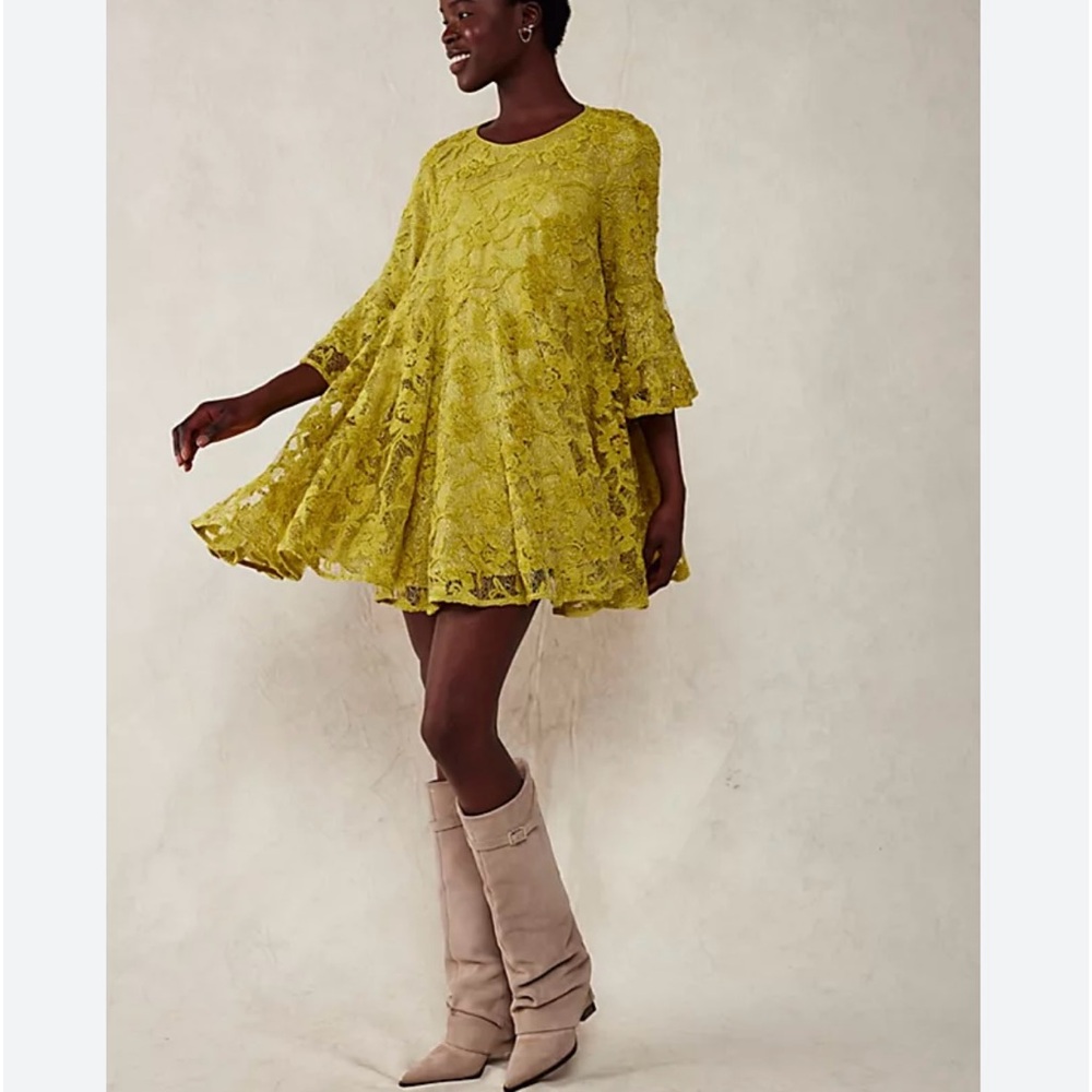 Free People Yellow Lace Mini Dress
